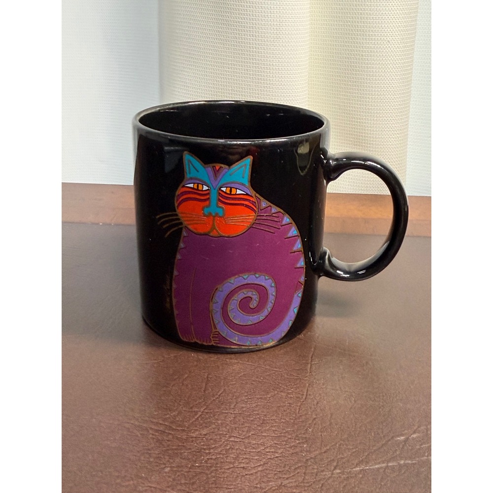 Laurel Burch Mythical Cat Coffee Mug Black Purple Gold Ceramic Made in Japan
